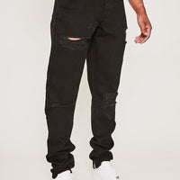 Devons Road Tapered Rigid Stacked Leg Knee Rip Jeans- True Black