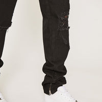 Devons Road Tapered Rigid Stacked Leg Knee Rip Jeans- True Black