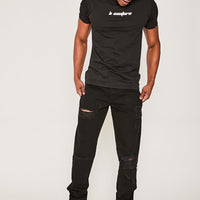 Devons Road Tapered Rigid Stacked Leg Knee Rip Jeans- True Black
