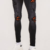 Super Skinny Check Bandana Biker Jeans- Washed Black