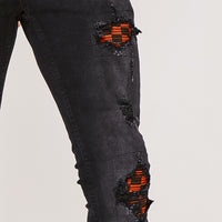 Super Skinny Check Bandana Biker Jeans- Washed Black