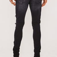Skinny Stretch Lace Rip & Repair Biker Jeans- Black