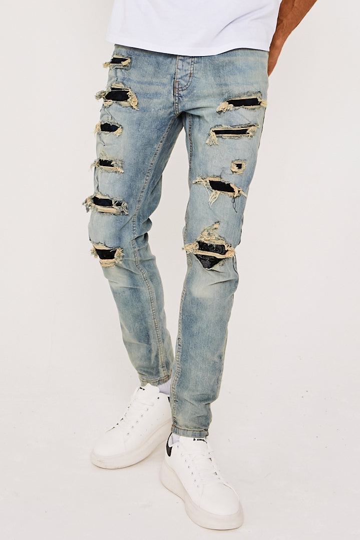 Skinny Stretch Lace Rip Repair Jeans- Antique Blue