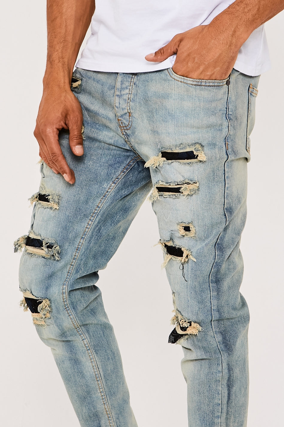 Skinny Stretch Lace Rip & Repair Jeans- Antique Blue