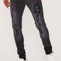 Skinny Stacked Bandana Biker Jeans- Charcoal