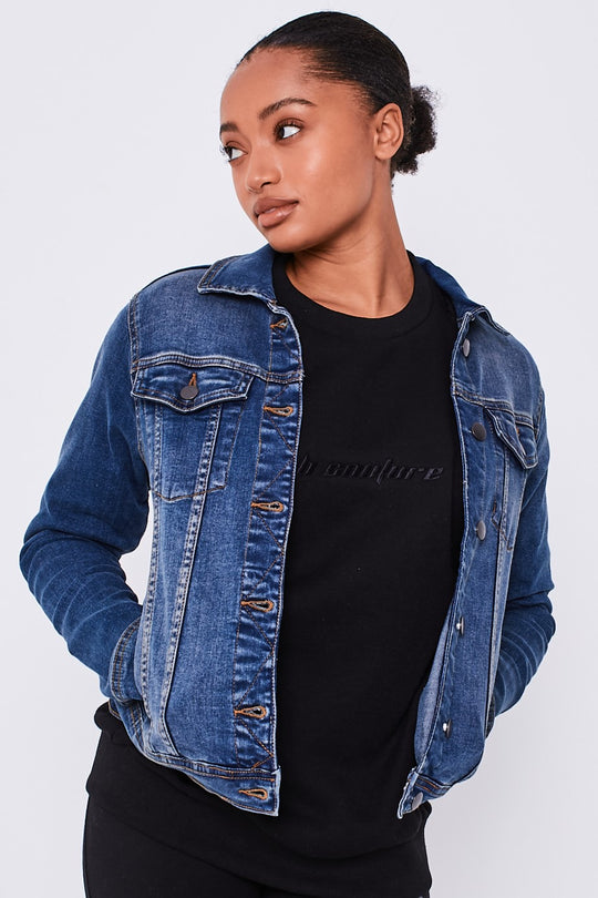Boohoo Stretch Denim Jacket - Mid Blue