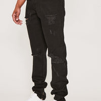 Devons Road Tapered Rigid Stacked Leg Knee Rip Jeans- True Black
