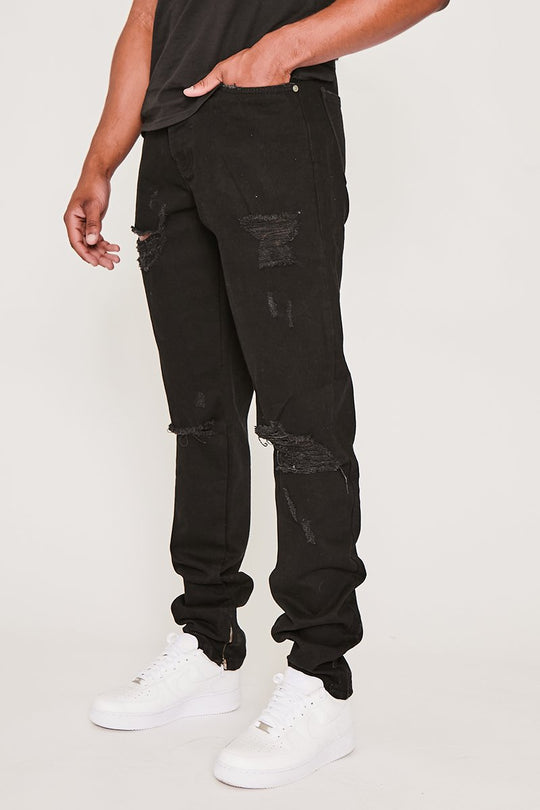 Devons Road Tapered Rigid Stacked Leg Knee Rip Jeans- True Black