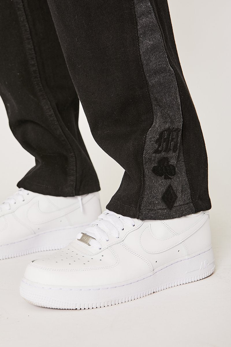Cyprus Straight Leg Seam Embroidered Graphic Jeans- True Black