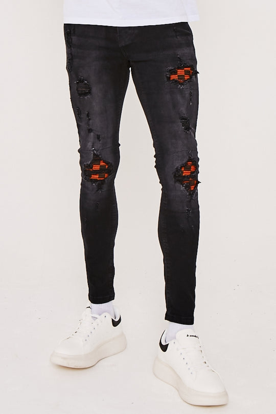 Super Skinny Check Bandana Biker Jeans-  Washed Black