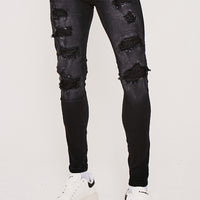 Skinny Stretch Lace Rip & Repair Biker Jeans- Black