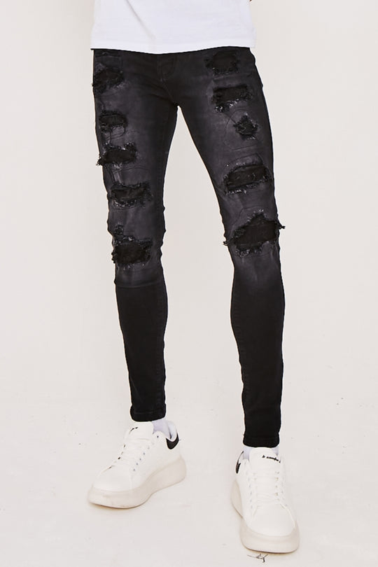 Skinny Stretch Lace Rip & Repair Biker Jeans- Black