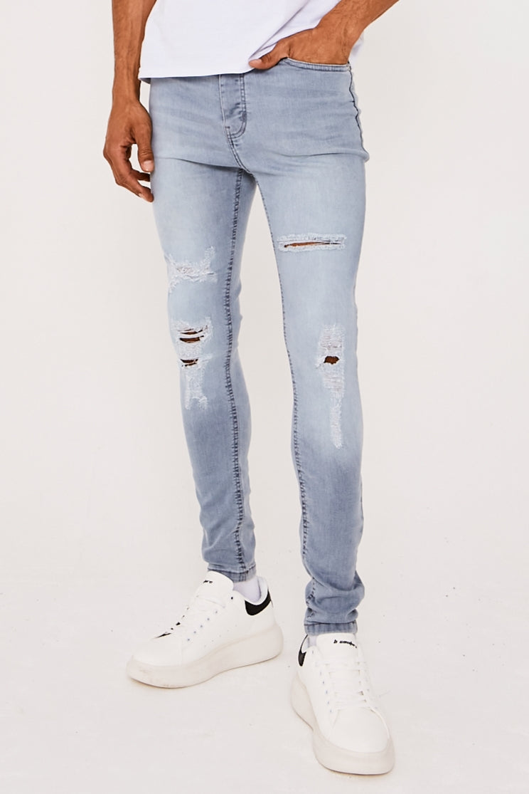Super Skinny With All Over Rips Jeans- Ice Grey