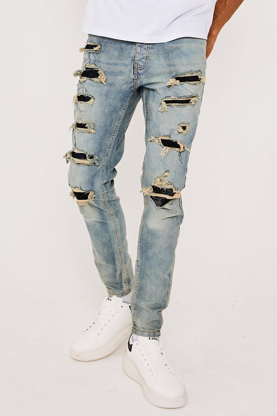 Skinny Stretch Lace Rip & Repair Jeans- Antique Blue