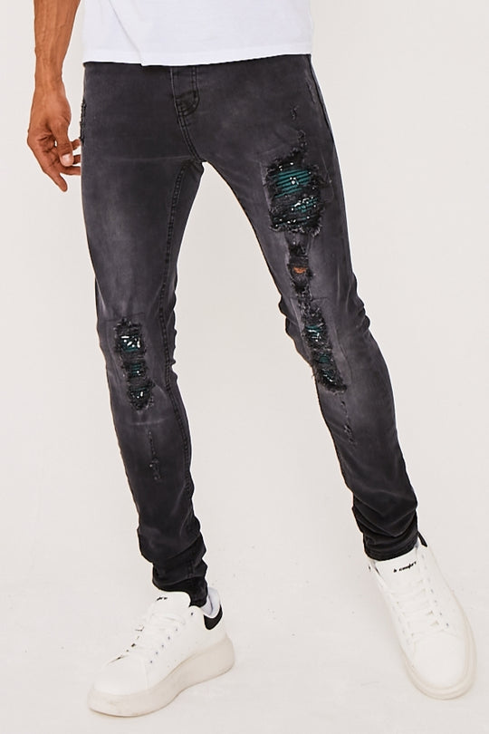 Skinny Stacked Bandana Biker Jeans- Charcoal