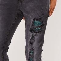 Skinny Stacked Bandana Biker Jeans- Charcoal