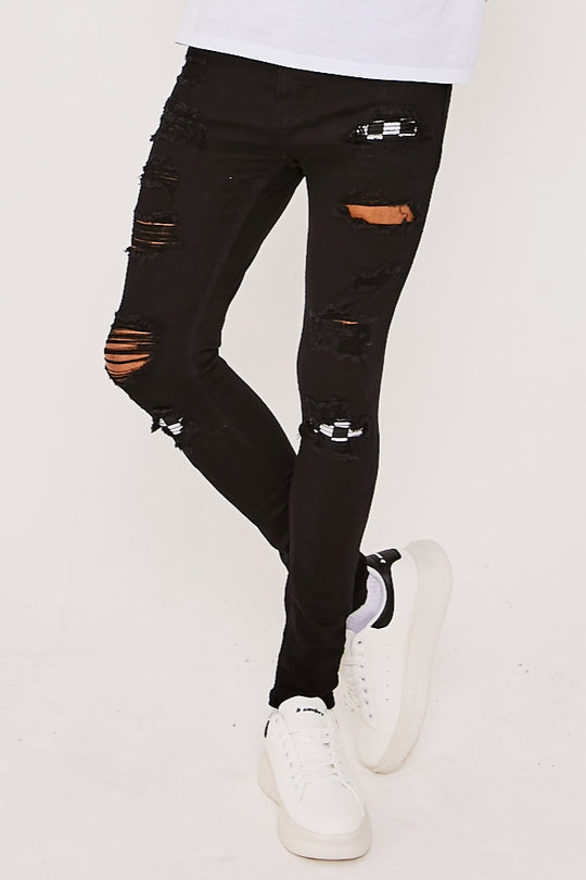 Super Skinny Check Biker Jeans- Black